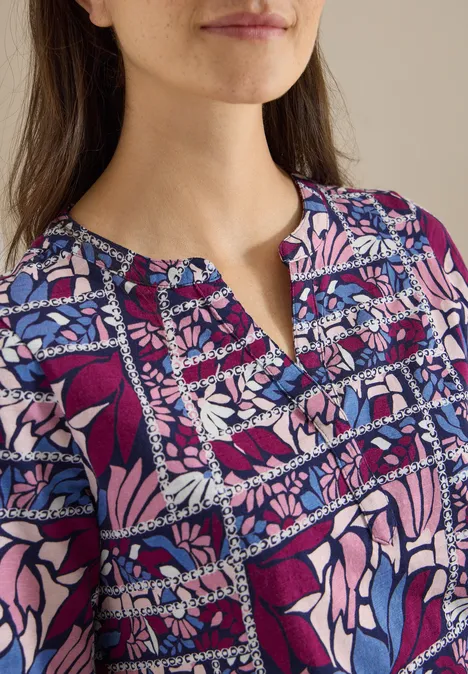 Shirt met korte mouwen, gespleten hals en print deep plum