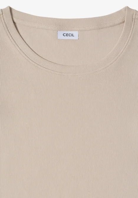 Beige T-Shirt mit Rundhalsausschnitt, kurzärmelig, flach gefaltet, mit Markenlabel CECIL.