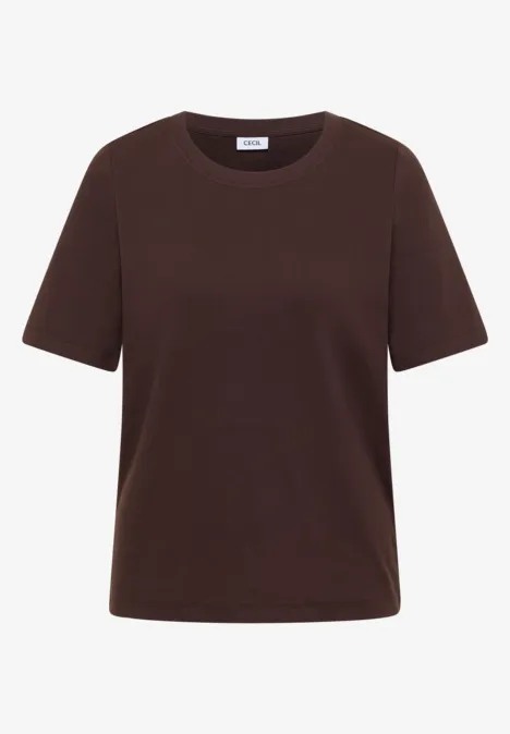 Basic Shirt met geribde textuur brown cacao Effen donkerbruin T-shirt met korte mouwen en ronde hals.