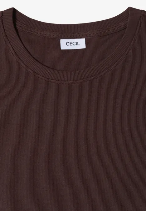 Basic Shirt met geribde textuur brown cacao Effen donkerbruin T-shirt met ronde hals en merketiket CECIL.