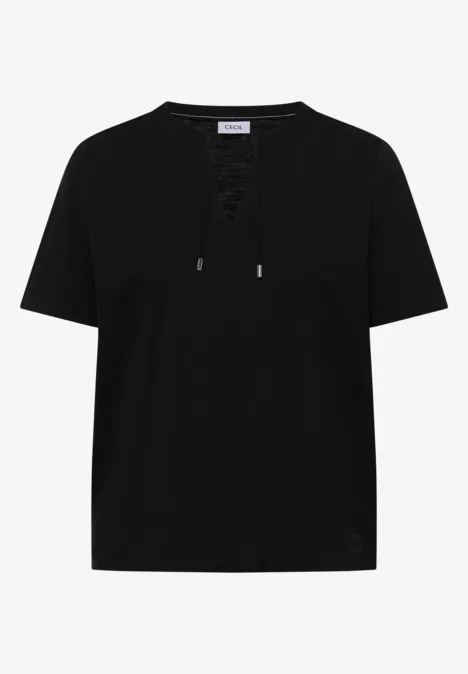 Kurzarm Shirt mit Split Neck Black