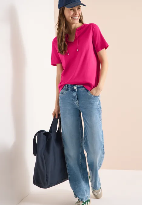 Shirt met korte mouwen en gespleten hals beetroot pink