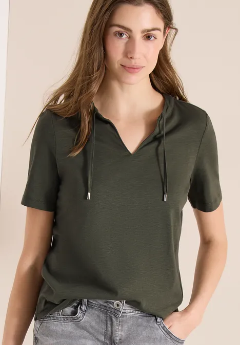 Shirt met korte mouwen en gespleten hals khaki