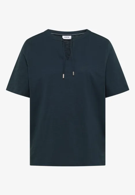 Schlichtes dunkelblaues Kurzarm-T-Shirt mit V-Ausschnitt und Kordelzug.