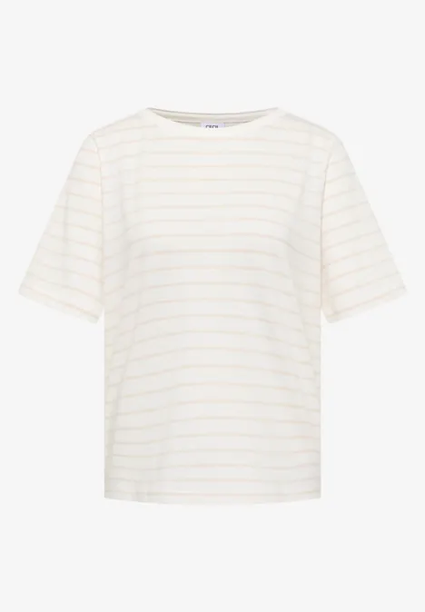 Wit T-shirt met fijne pastelstrepen, korte mouwen en ronde hals.