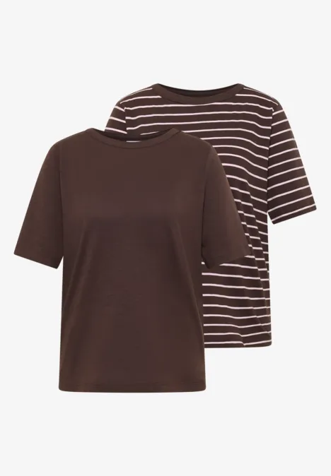 Shirt met strepen in een 2-pack macchiato brown/blush rose Twee korte mouw T-shirts in bruin, één effen en één met witte strepen.