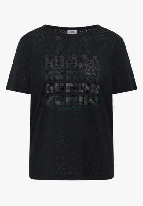 Kurzarm Shirt im Ausbrenner-Look palm breeze green Schwarzes T-Shirt mit dezentem Zebra-Print und mehrfachem NUMINO-Schriftzug vorn.