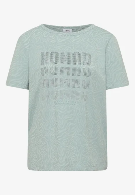 Kurzarm Shirt im Ausbrenner-Look crystal mint Helles grünes T-Shirt mit zartem Zebramuster und mehrfach aufgedrucktem 'Nomad'-Schriftzug.