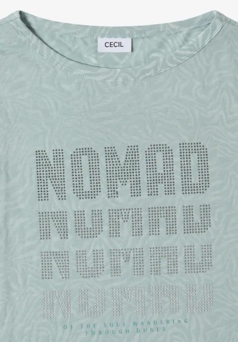Kurzarm Shirt im Ausbrenner-Look crystal mint Hellgrünes T-Shirt mit dezentem Wellenmuster und perforierten 'NOMAD'-Schriftzügen.