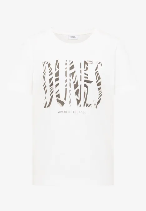 T-shirt à col rond et imprimé sur le devant vanilla white Weißes T-Shirt mit zebramuster Schriftzug 'LIVING IN STYLE'