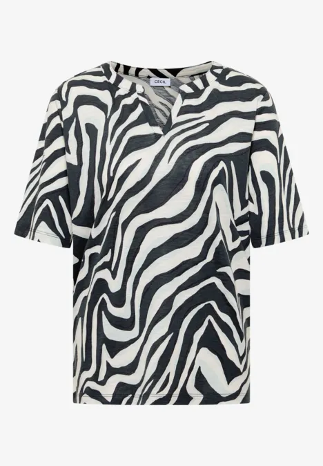 Wit T-shirt met korte mouwen, zwart zebraprint en V-hals.