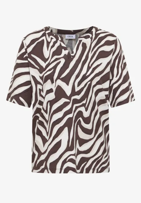 T-shirt met bruin-witte zebraprint, korte mouwen, losse pasvorm.