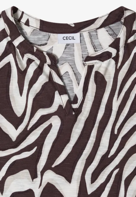 Dames-T-shirt met zwart-witte zebraprint, V-hals en korte mouwen.