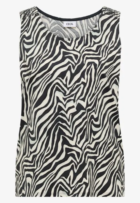 Haut à col rond et détails smockés palm breeze green Top sans manches à motif zèbre noir et blanc