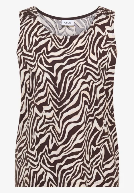 Haut à col rond et détails smockés brown cacao Débardeur femme sans manches avec motif zèbre noir et blanc