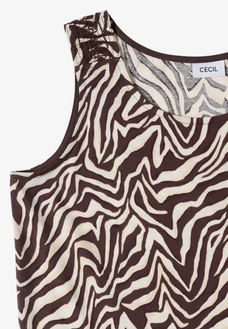 Haut à col rond et détails smockés brown cacao Top sans manches à motif zèbre blanc-crème et rayures noires, coupe droite et tissu léger.