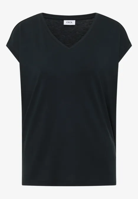 T-shirt noir pour femme, col en V et manches courtes