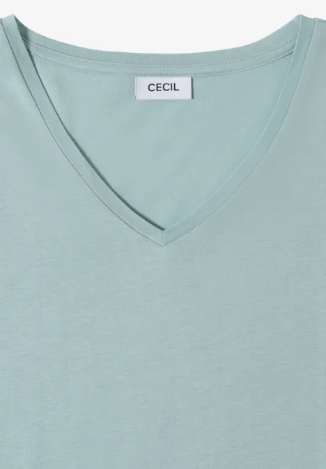 Pastellgrünes T-Shirt aus weichem Jersey mit V-Ausschnitt und Markenlabel 'CECIL'.