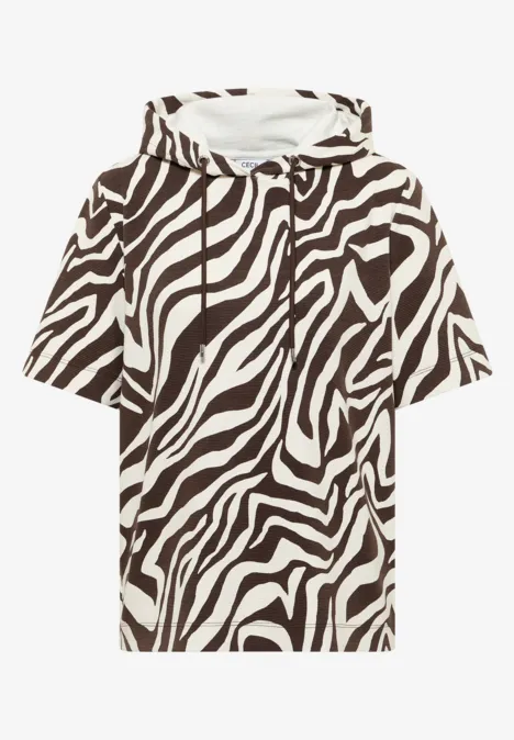 Kurzärmeliges Kapuzen-Shirt in Weiß mit schwarzem Zebra-Streifenmuster.