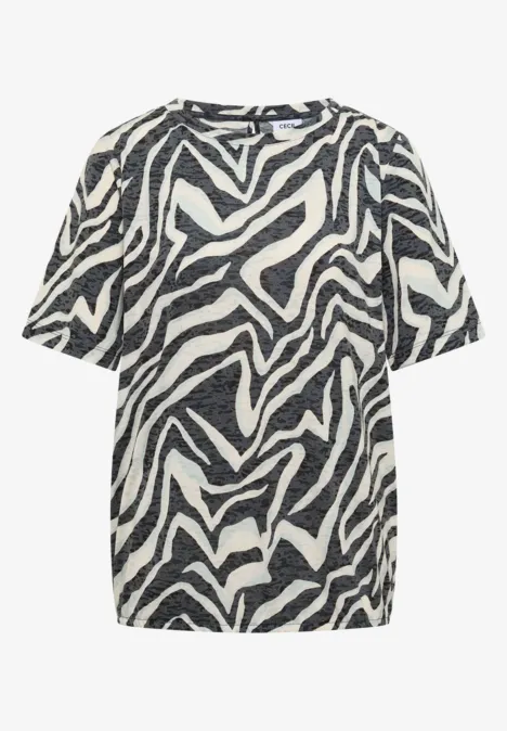 Kurzärmliges T-Shirt mit schwarzem und weißem Zebramuster.