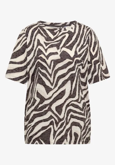 Kurzärmliges T-Shirt mit abstraktem Zebra-Muster in Schwarz-Weiß.