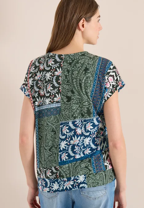 T-Shirt mit V-Neck und Patchwork-Print khaki