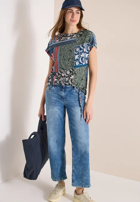 Shirt mit Rundhals und Patchwork-Print khaki