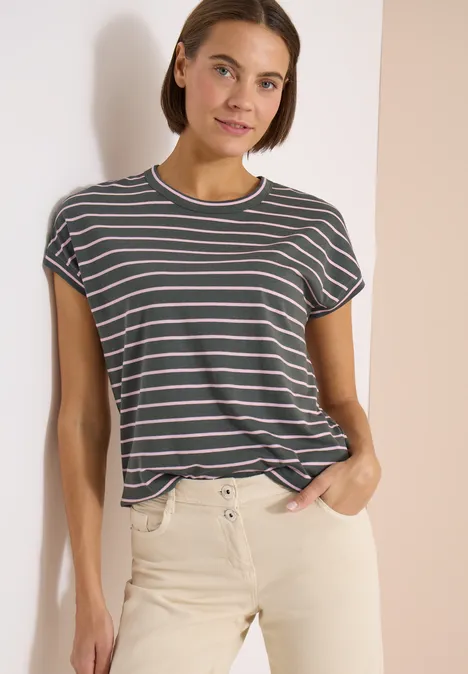 T-Shirt mit Rundhals und Streifen khaki