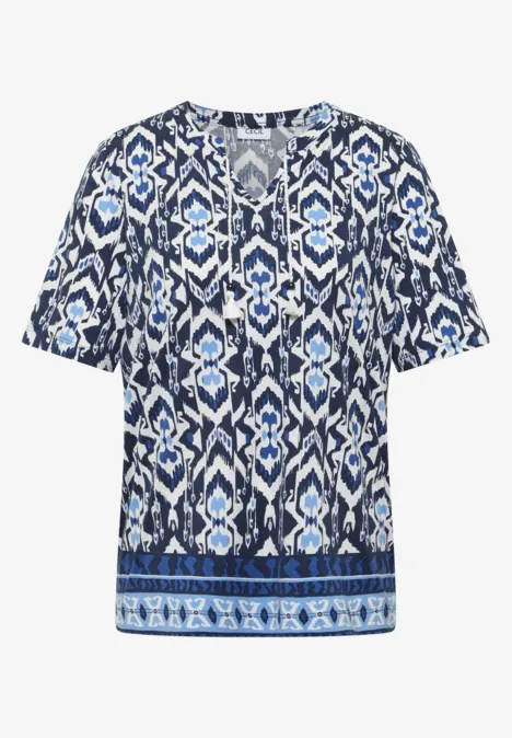 Kurzarm Shirt mit Split Neck und Print universal blue