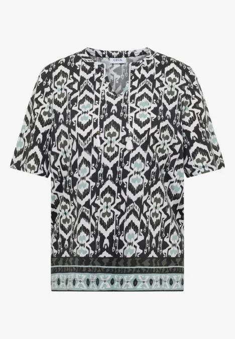 Kurzarm Shirt mit Split Neck und Print khaki Kurzarm Shirt mit Split Neck und Print khaki