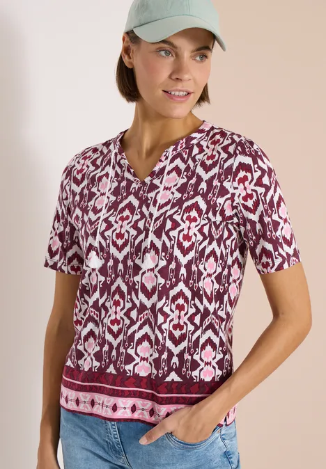 Kurzarm Shirt mit Split Neck und Print sweet grape red