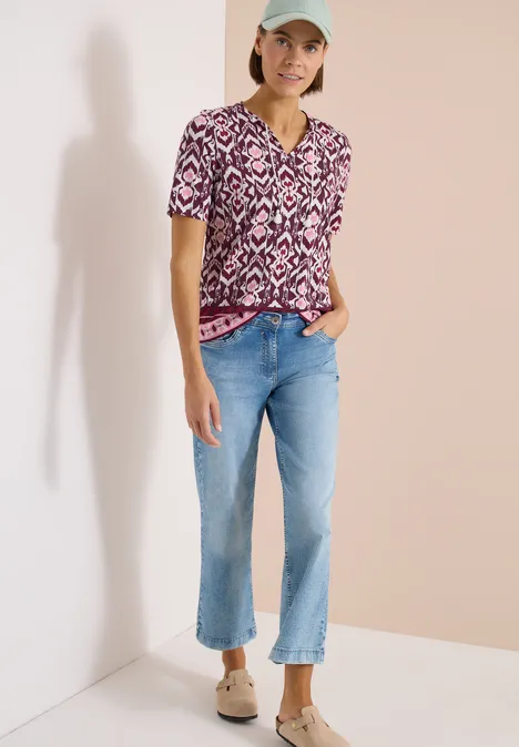 Kurzarm Shirt mit Split Neck und Print sweet grape red