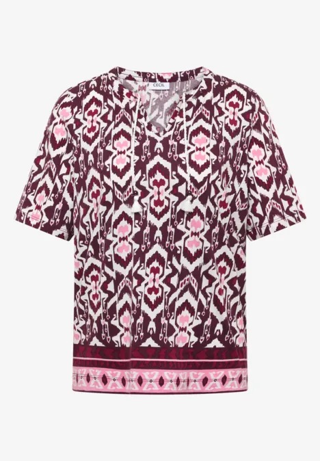 Kurzarm Shirt mit Split Neck und Print sweet grape red