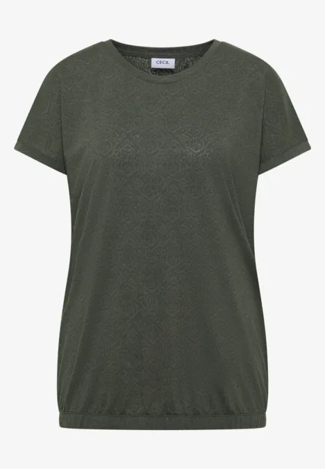 Dunkelgrünes T-Shirt mit kurzen Ärmeln und leicht gerafftem Saum.