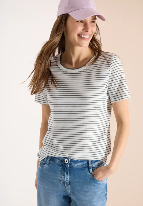 Shirt met korte mouwen, ronde hals en strepen khaki