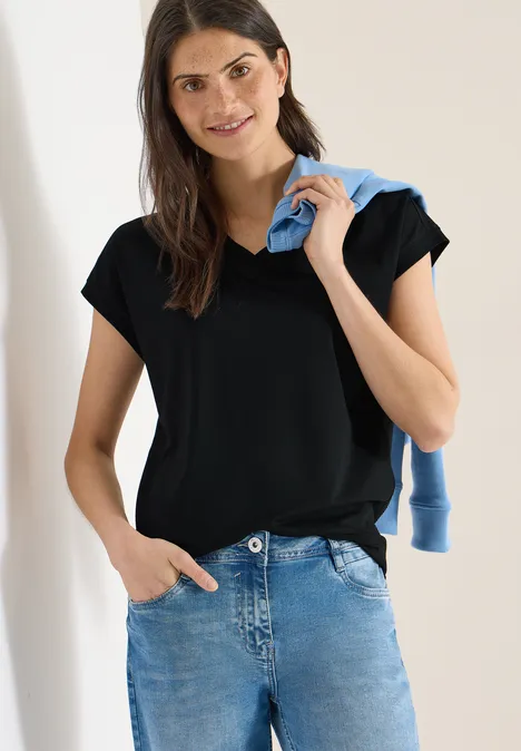 T-shirt à manches courtes et col en V en couleur unie Black T-shirt à manches courtes et col en V en couleur unie Black