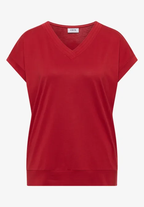 T-shirt à manches courtes et col en V en couleur unie tamarillo red Haut femme rouge à manches courtes, encolure en V et coupe ample.