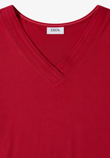 T-shirt à manches courtes et col en V en couleur unie tamarillo red T-shirt rouge à col V avec étiquette CECIL au col.