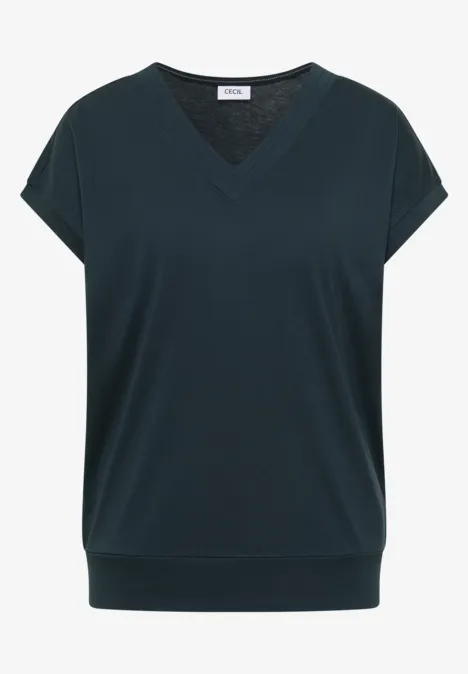 Schwarzes V-Ausschnitt-Shirt mit überschnittenen, kurzen Ärmeln und weitem Abschlussbund