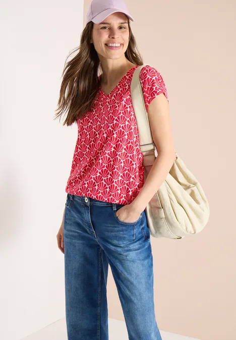 T-Shirt mit V-Neck und Muschelprint glazed apple red