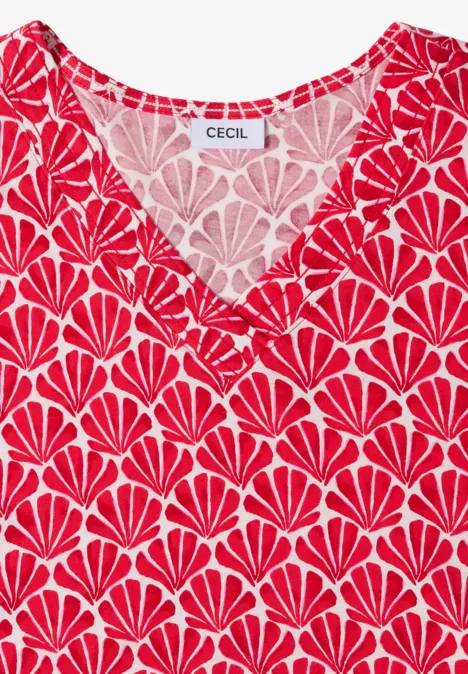 T-Shirt mit V-Neck und Muschelprint glazed apple red