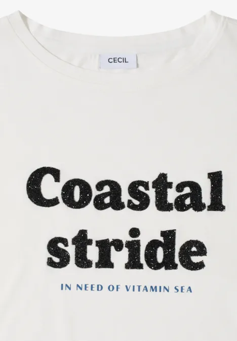 T-Shirt mit Boatneck und Wording Print vanilla white