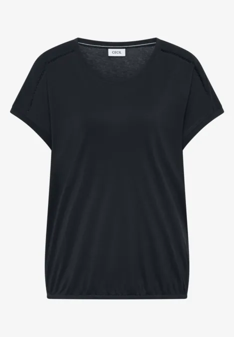 Schwarzes, leger geschnittenes Damen-Shirt mit kurzen Ärmeln und rundem Halsausschnitt.