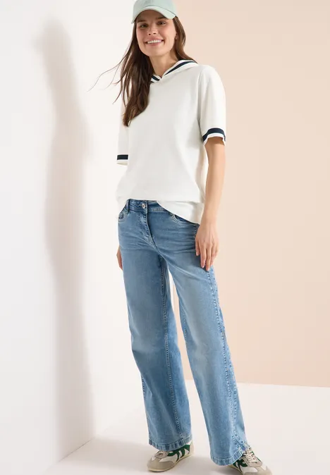 Kurzarm Shirt mit Kapuze und Rippdetails vanilla white