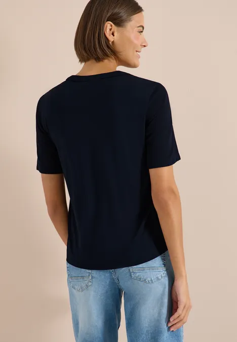 Kurzarm Bluse mit Split Neck und Bändern universal blue