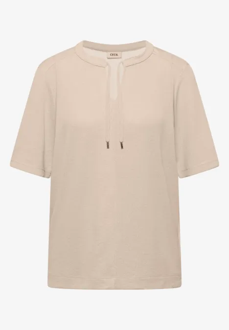 Kurzarm Bluse mit Split Neck und Bändern pearl beige