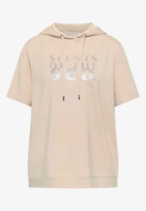 Shirt met korte mouwen, capuchon en tekst pearl beige