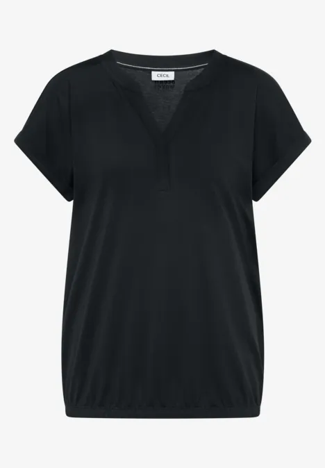 Schwarzes T-Shirt mit kurzem Ärmel, V-Ausschnitt und elastischem Saum.