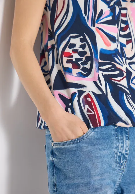 T-Shirt mit Split Neck und Grafikprint universal blue