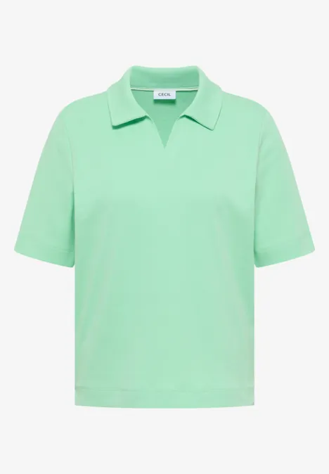 Ein mintgrünes Kurzarm-Poloshirt mit umgeschlagenem Kragen.